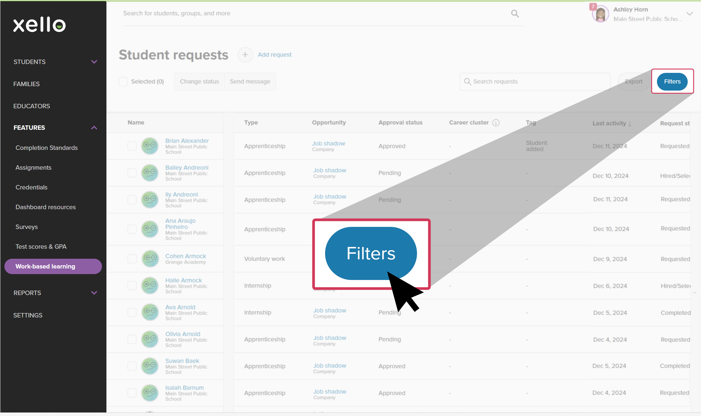 Requests page with the Filters button highlighted